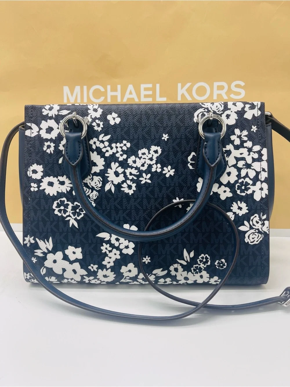 MICHAEL KORS Marilyn Md Printed Signature Logo Satchel Crossbody  Admiral  NWT